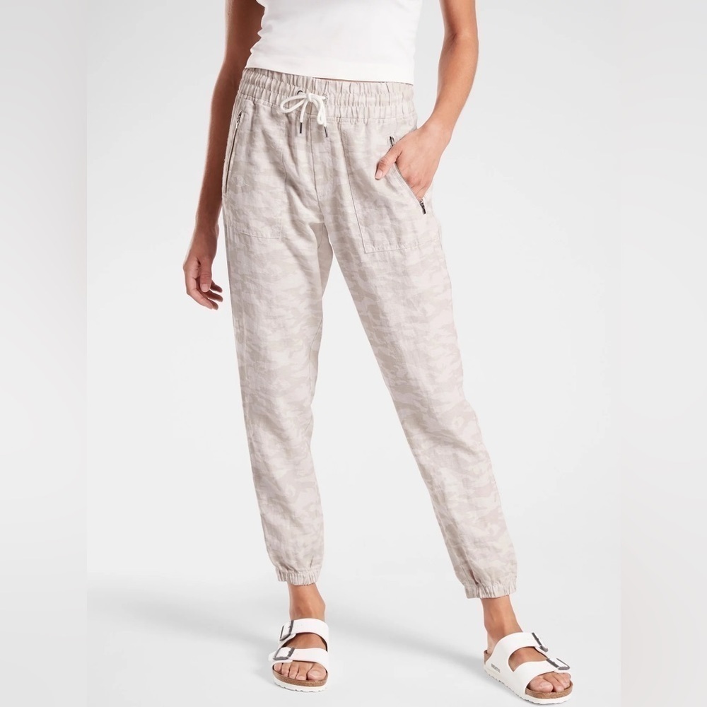 Athleta Cabo Tide Linen Jogger Pants Camo Tan Beige 6 Tall